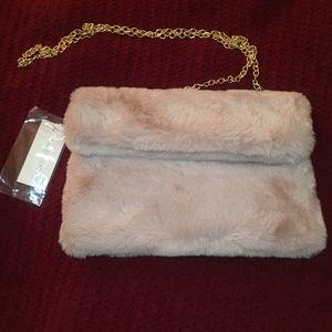 pretty pink fake fur fluffy purse with gold chain